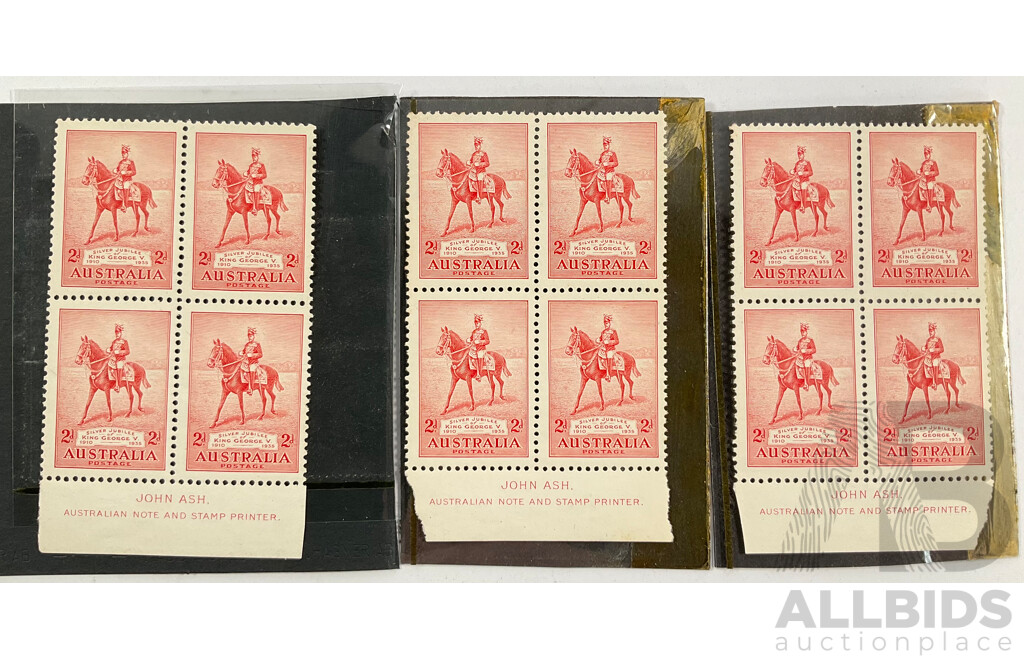 Three Australian Mint Hinged 1935 KGV Silver Jubilee Stamp Blocks, John Ash Prints
