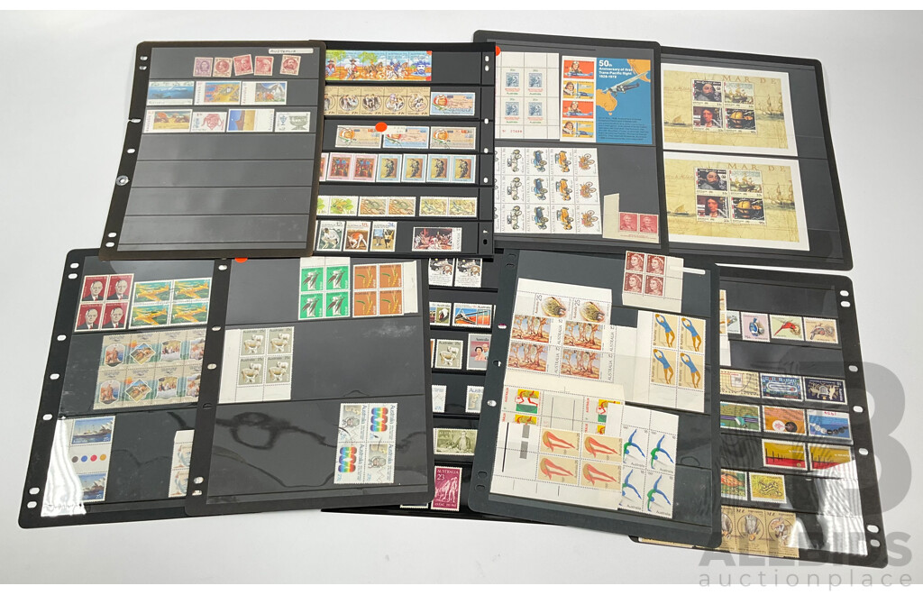 Collection of Australian, Mostly Mint Stamp Blocks Spanning Predecimal to 1990's Including Birds Set, Vintage Vehicles Set, Waltzing Matilda, Sentemental Bloke, Painting Series Four Dollar Tom Roberts and  Hans Heysen Two Dollar Block