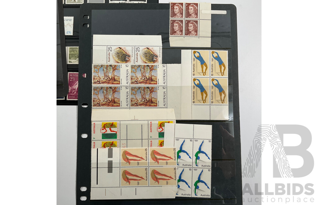 Collection of Australian, Mostly Mint Stamp Blocks Spanning Predecimal to 1990's Including Birds Set, Vintage Vehicles Set, Waltzing Matilda, Sentemental Bloke, Painting Series Four Dollar Tom Roberts and  Hans Heysen Two Dollar Block