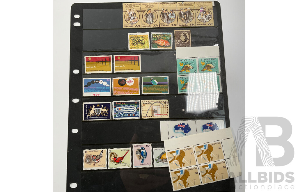 Collection of Australian, Mostly Mint Stamp Blocks Spanning Predecimal to 1990's Including Birds Set, Vintage Vehicles Set, Waltzing Matilda, Sentemental Bloke, Painting Series Four Dollar Tom Roberts and  Hans Heysen Two Dollar Block