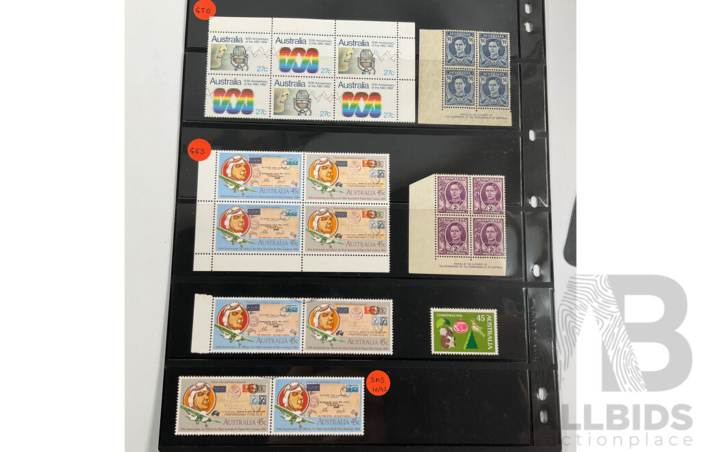 Collection of Australian, Mostly Mint Stamp Blocks Spanning Predecimal to 1990's Including Birds Set, Vintage Vehicles Set, Waltzing Matilda, Sentemental Bloke, Painting Series Four Dollar Tom Roberts and  Hans Heysen Two Dollar Block