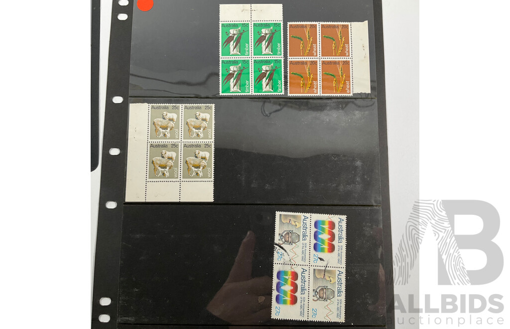 Collection of Australian, Mostly Mint Stamp Blocks Spanning Predecimal to 1990's Including Birds Set, Vintage Vehicles Set, Waltzing Matilda, Sentemental Bloke, Painting Series Four Dollar Tom Roberts and  Hans Heysen Two Dollar Block