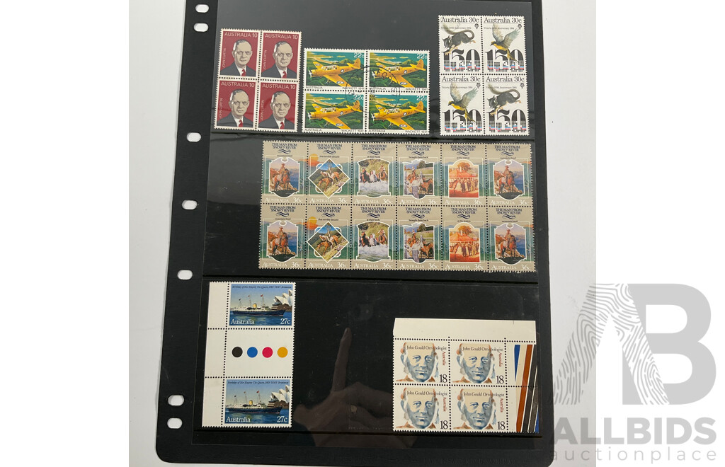 Collection of Australian, Mostly Mint Stamp Blocks Spanning Predecimal to 1990's Including Birds Set, Vintage Vehicles Set, Waltzing Matilda, Sentemental Bloke, Painting Series Four Dollar Tom Roberts and  Hans Heysen Two Dollar Block