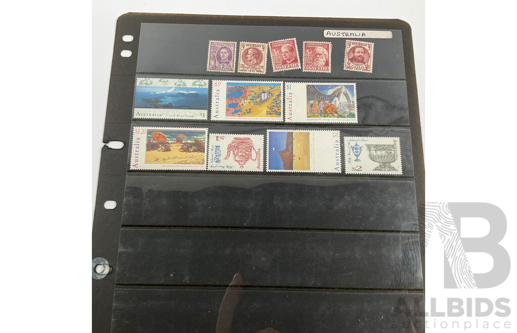 Collection of Australian, Mostly Mint Stamp Blocks Spanning Predecimal to 1990's Including Birds Set, Vintage Vehicles Set, Waltzing Matilda, Sentemental Bloke, Painting Series Four Dollar Tom Roberts and  Hans Heysen Two Dollar Block