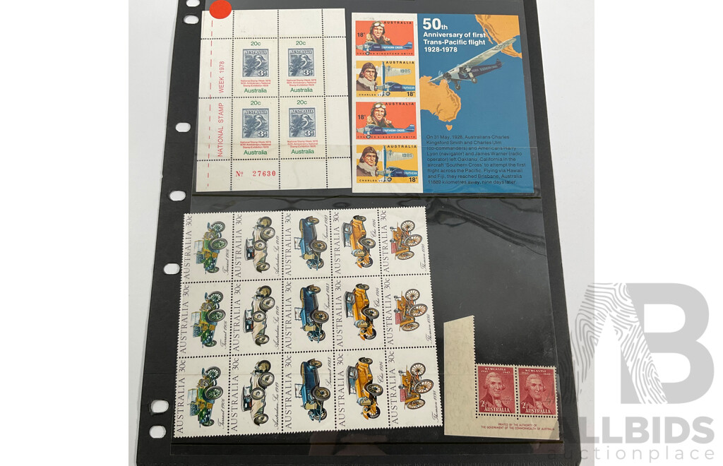 Collection of Australian, Mostly Mint Stamp Blocks Spanning Predecimal to 1990's Including Birds Set, Vintage Vehicles Set, Waltzing Matilda, Sentemental Bloke, Painting Series Four Dollar Tom Roberts and  Hans Heysen Two Dollar Block