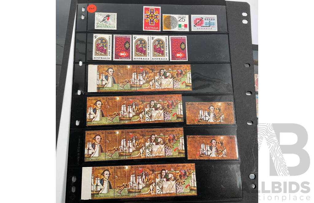 Collection of Australian, Mostly Mint Stamp Blocks Spanning Predecimal to 1990's Including Birds Set, Vintage Vehicles Set, Waltzing Matilda, Sentemental Bloke, Painting Series Four Dollar Tom Roberts and  Hans Heysen Two Dollar Block