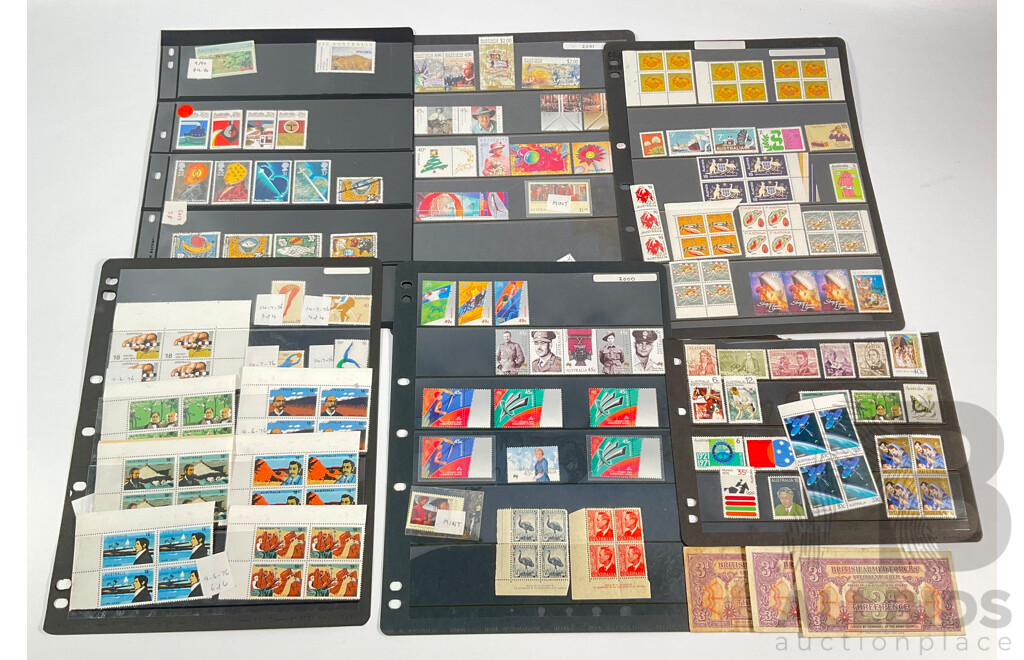 Collection of Australian, Antarctic Territory and United Kingdom Mostly Mint Stamps Including Twenty Dollar Ian Glover Specimen, Five Dollar Specimen, Predecimal KGVI and Emu Blocks, Sets, Three British Armed Forces 1946 Threepence Notes