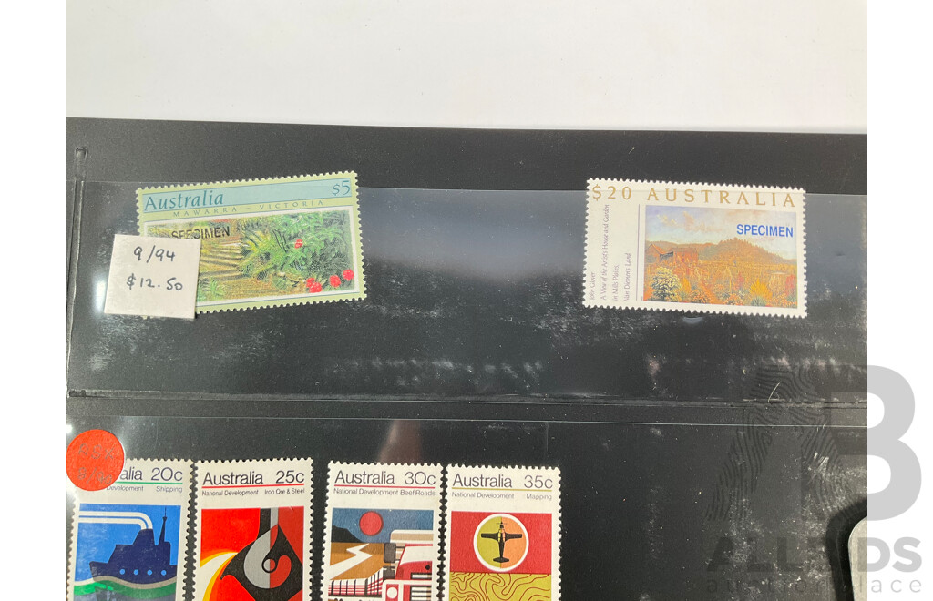 Collection of Australian, Antarctic Territory and United Kingdom Mostly Mint Stamps Including Twenty Dollar Ian Glover Specimen, Five Dollar Specimen, Predecimal KGVI and Emu Blocks, Sets, Three British Armed Forces 1946 Threepence Notes