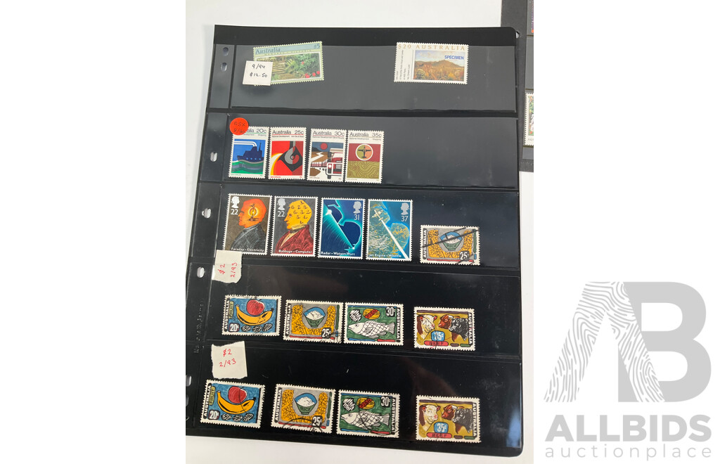 Collection of Australian, Antarctic Territory and United Kingdom Mostly Mint Stamps Including Twenty Dollar Ian Glover Specimen, Five Dollar Specimen, Predecimal KGVI and Emu Blocks, Sets, Three British Armed Forces 1946 Threepence Notes