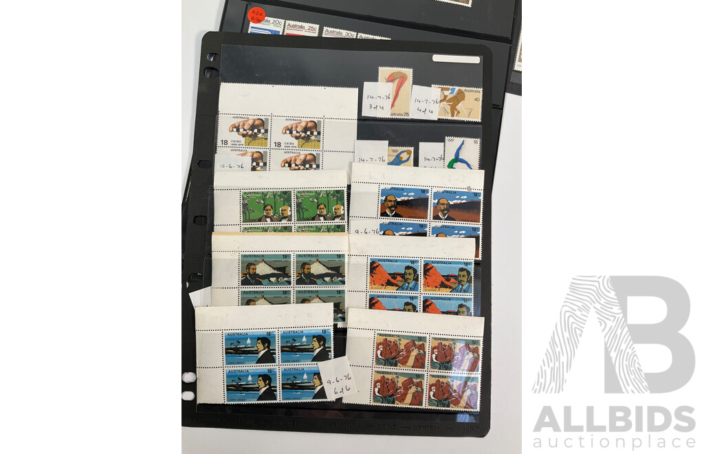 Collection of Australian, Antarctic Territory and United Kingdom Mostly Mint Stamps Including Twenty Dollar Ian Glover Specimen, Five Dollar Specimen, Predecimal KGVI and Emu Blocks, Sets, Three British Armed Forces 1946 Threepence Notes