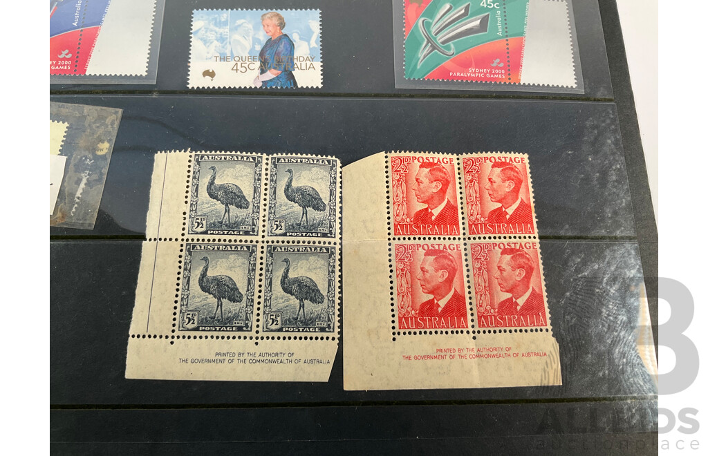 Collection of Australian, Antarctic Territory and United Kingdom Mostly Mint Stamps Including Twenty Dollar Ian Glover Specimen, Five Dollar Specimen, Predecimal KGVI and Emu Blocks, Sets, Three British Armed Forces 1946 Threepence Notes