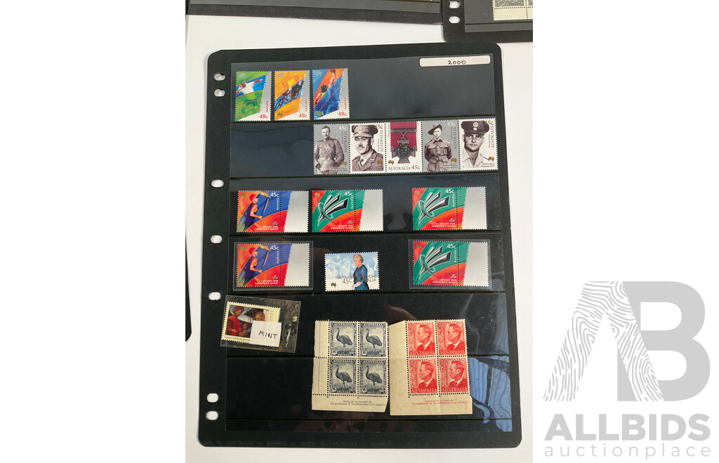 Collection of Australian, Antarctic Territory and United Kingdom Mostly Mint Stamps Including Twenty Dollar Ian Glover Specimen, Five Dollar Specimen, Predecimal KGVI and Emu Blocks, Sets, Three British Armed Forces 1946 Threepence Notes