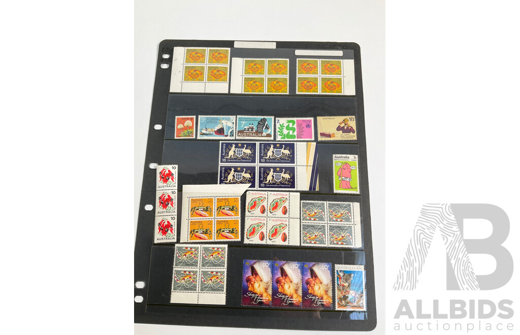 Collection of Australian, Antarctic Territory and United Kingdom Mostly Mint Stamps Including Twenty Dollar Ian Glover Specimen, Five Dollar Specimen, Predecimal KGVI and Emu Blocks, Sets, Three British Armed Forces 1946 Threepence Notes