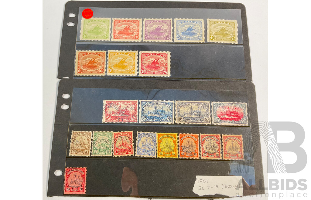 Papua 1911-1915 Stamp Set, Half Penny to Two Shilling/Sixpence and Deutsche New Guinea 1901 Set of Thirteen Stamps