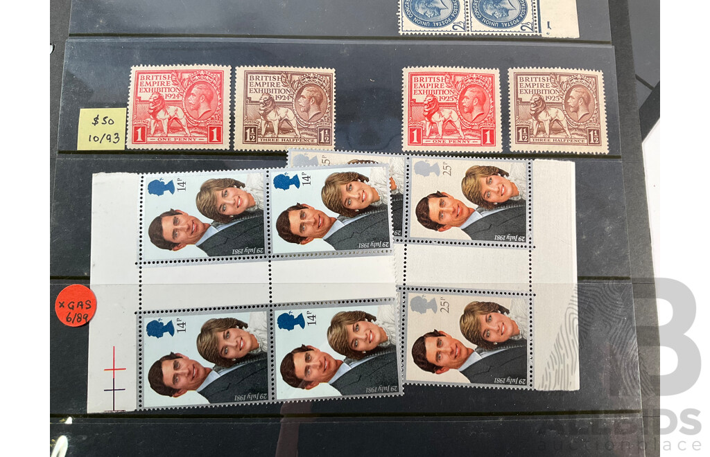 Collection of Australian and United Kingdom Mostly Mint Stamps Including Two 1924 Mint, Mint/Hinged British Empire Exhibition Sets, Lambert One Dollar Block of Four, Sets, Predecimal Antarctic Territory, PNG