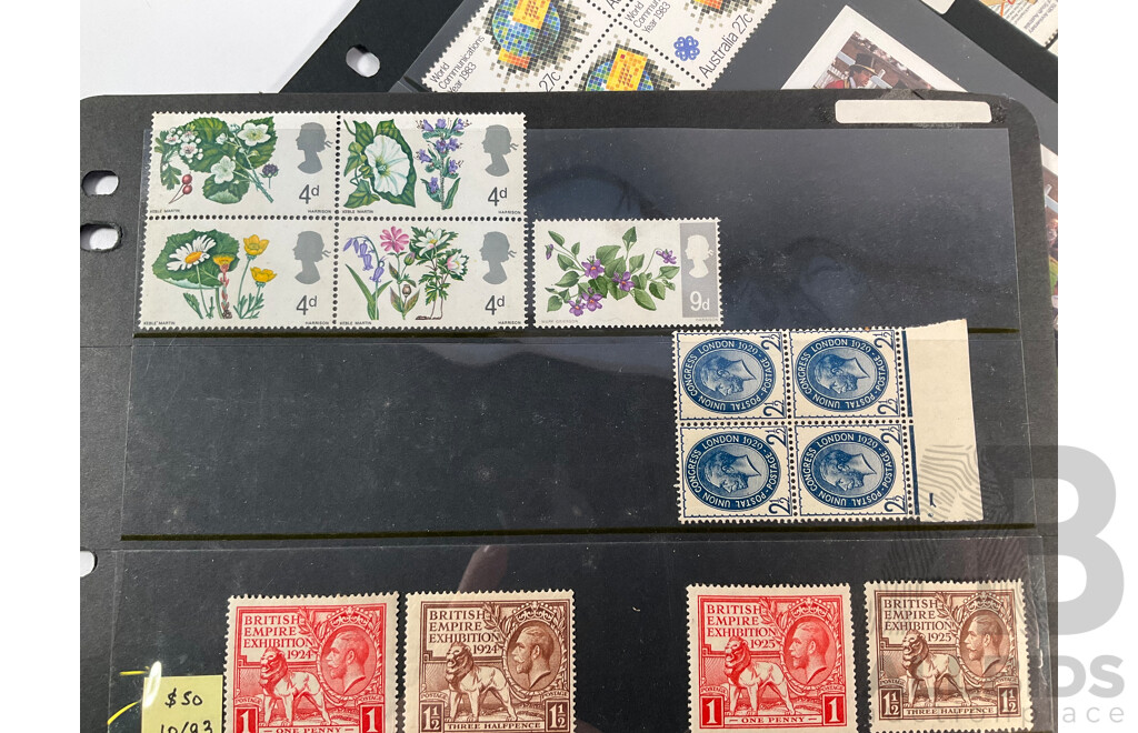 Collection of Australian and United Kingdom Mostly Mint Stamps Including Two 1924 Mint, Mint/Hinged British Empire Exhibition Sets, Lambert One Dollar Block of Four, Sets, Predecimal Antarctic Territory, PNG
