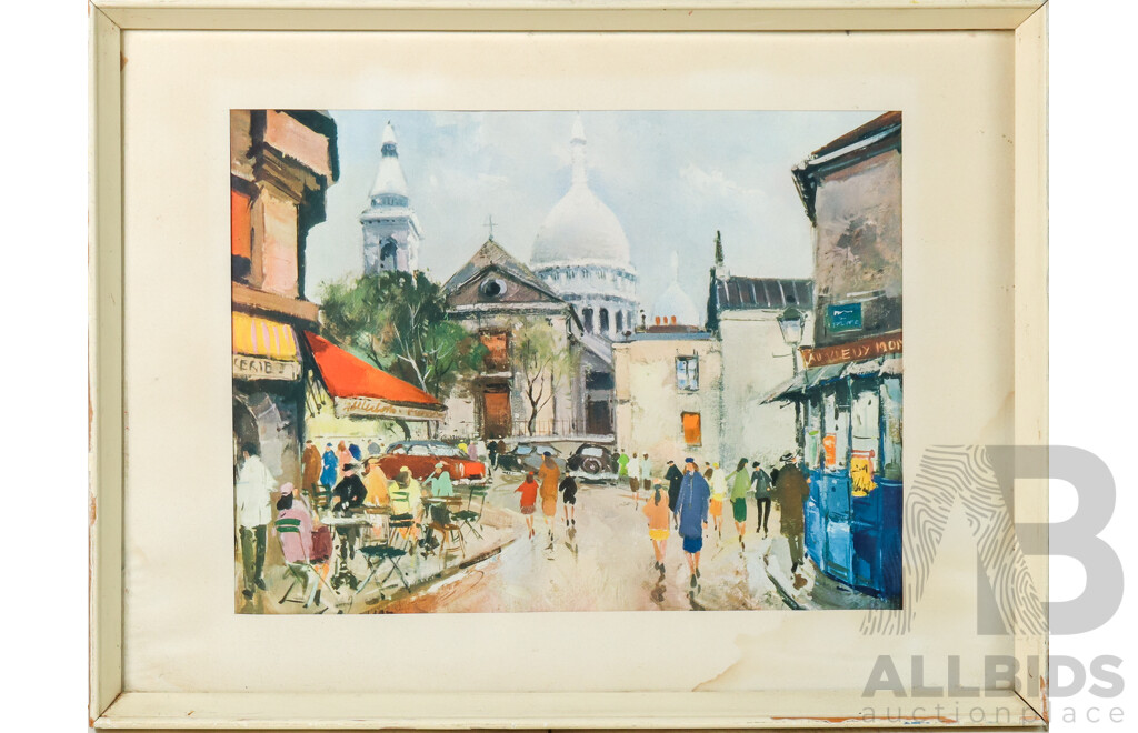 Artists Unknown, Cows Grazing and Street Scene, Pair of Vintage Framed Prints, 32 x 43 cm (larger frame) (2)