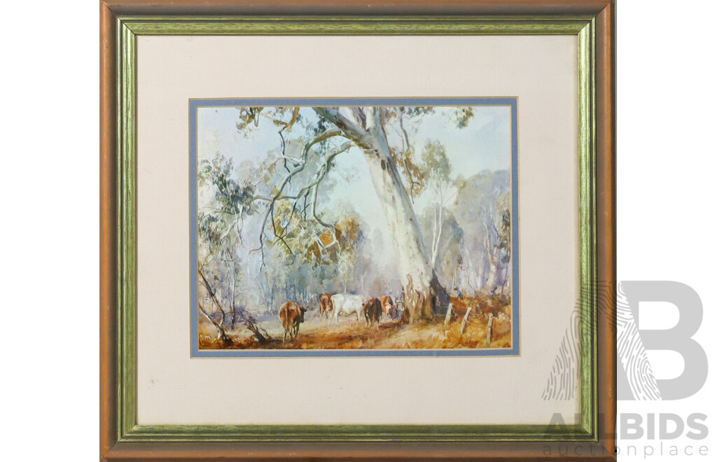 Artists Unknown, Cows Grazing and Street Scene, Pair of Vintage Framed Prints, 32 x 43 cm (larger frame) (2)
