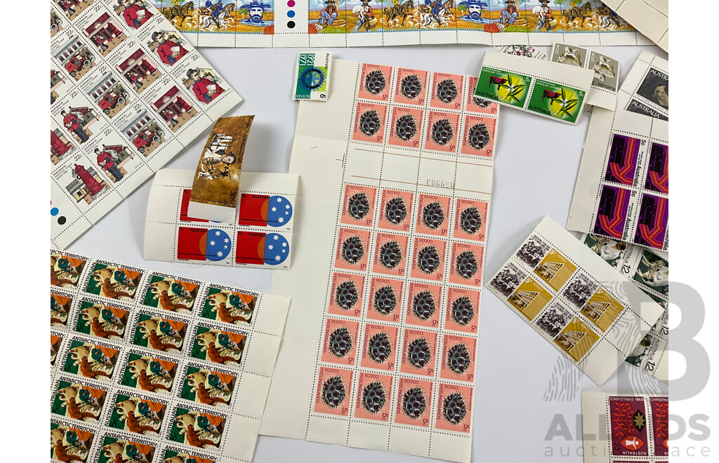 Collection of Australian Mint Stamp Sheets, Blocks and Gutters, Examples Spanning 1960's 70's and 80's, Two Dollar Painting Series, 1970 Expo, Waltzing Matilda