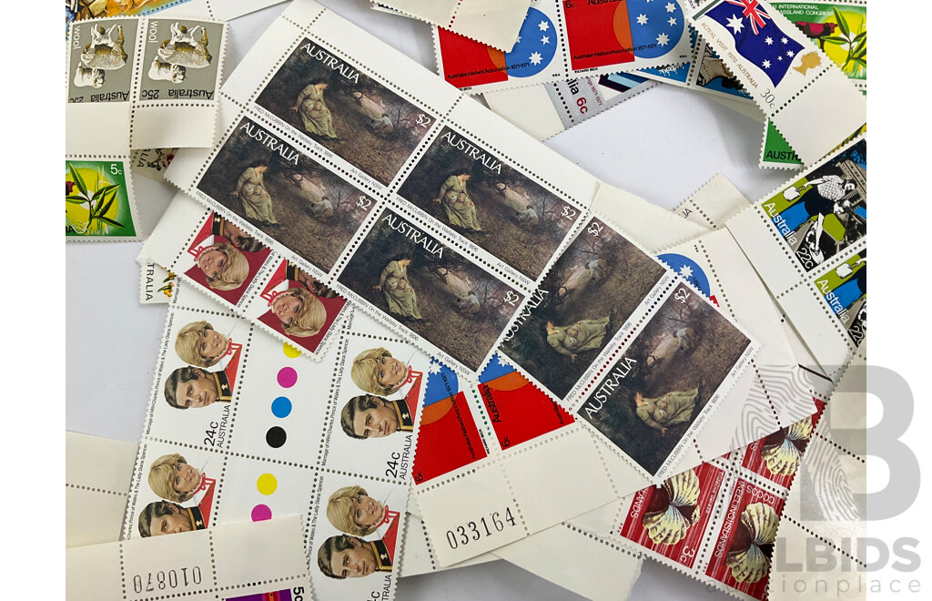 Collection of Australian Mint Stamp Sheets, Blocks and Gutters, Examples Spanning 1960's 70's and 80's, Two Dollar Painting Series, 1970 Expo, Waltzing Matilda