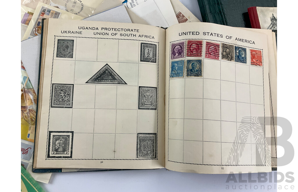 Three Vintage Stamp Albums Including Australian Seven Seas Junior, Mint Sheets, Universal Illustrated, Vintage Australian Stamp Packs and First Day Covers and Briefcase