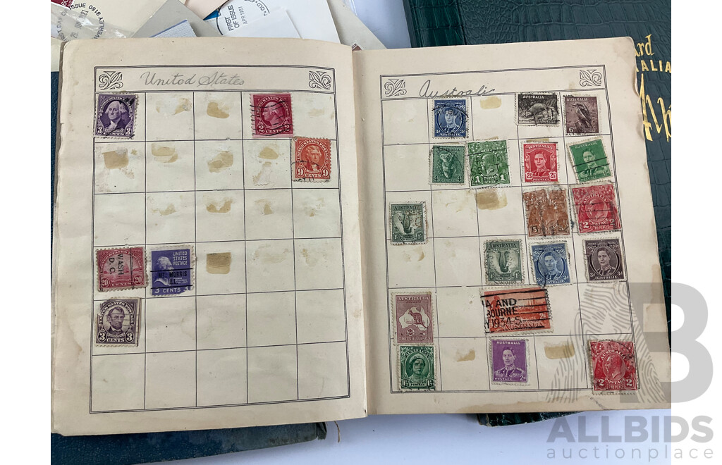 Three Vintage Stamp Albums Including Australian Seven Seas Junior, Mint Sheets, Universal Illustrated, Vintage Australian Stamp Packs and First Day Covers and Briefcase