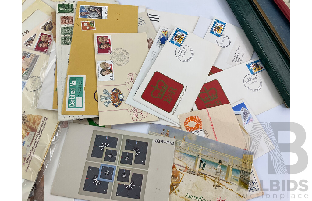 Three Vintage Stamp Albums Including Australian Seven Seas Junior, Mint Sheets, Universal Illustrated, Vintage Australian Stamp Packs and First Day Covers and Briefcase