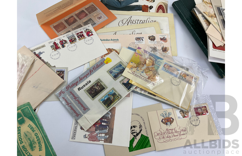 Three Vintage Stamp Albums Including Australian Seven Seas Junior, Mint Sheets, Universal Illustrated, Vintage Australian Stamp Packs and First Day Covers and Briefcase