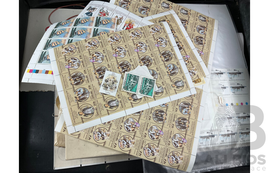 Three Vintage Stamp Albums Including Australian Seven Seas Junior, Mint Sheets, Universal Illustrated, Vintage Australian Stamp Packs and First Day Covers and Briefcase