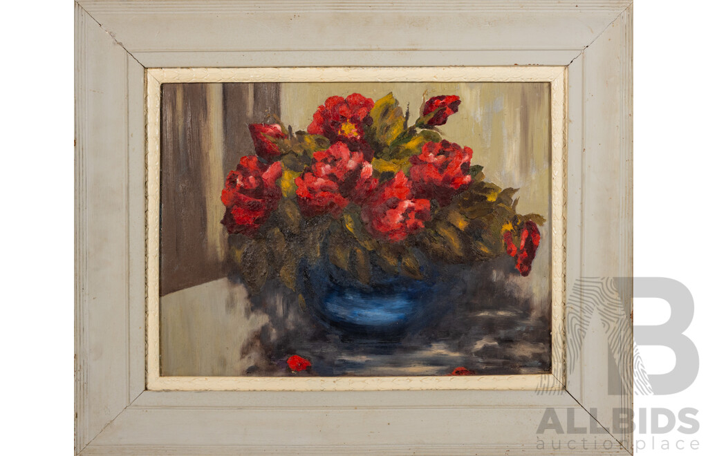 Bub Solomon (20th Century, Australian, Active c1960s), Red Roses Blue Vase (1963), Wonderful Original Vintage Oil on Georgian Board, 58 x 71 cm (frame)