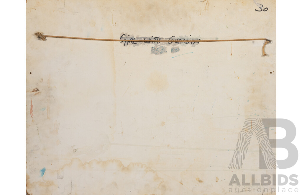 John Paul (20th Century), Girl with Guardian, Unique Vintage Mixed Media Oil on Wood Panel, 47 x 60 cm