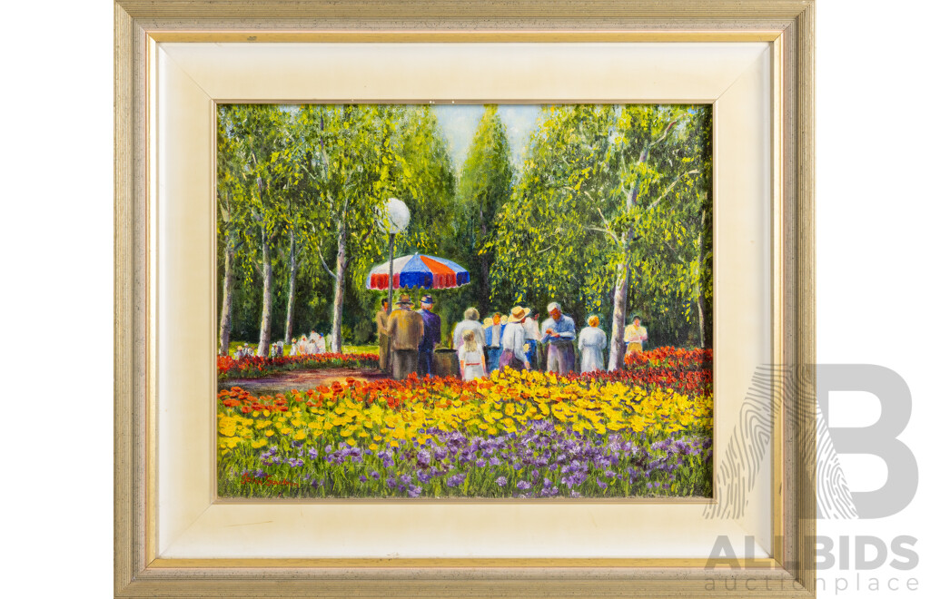 John Gaudron, (20th Century, Australian), Floriade, Canberra (1993), Lovely Original Acrylic on Canvas Board, 60 x 70 cm (frame)