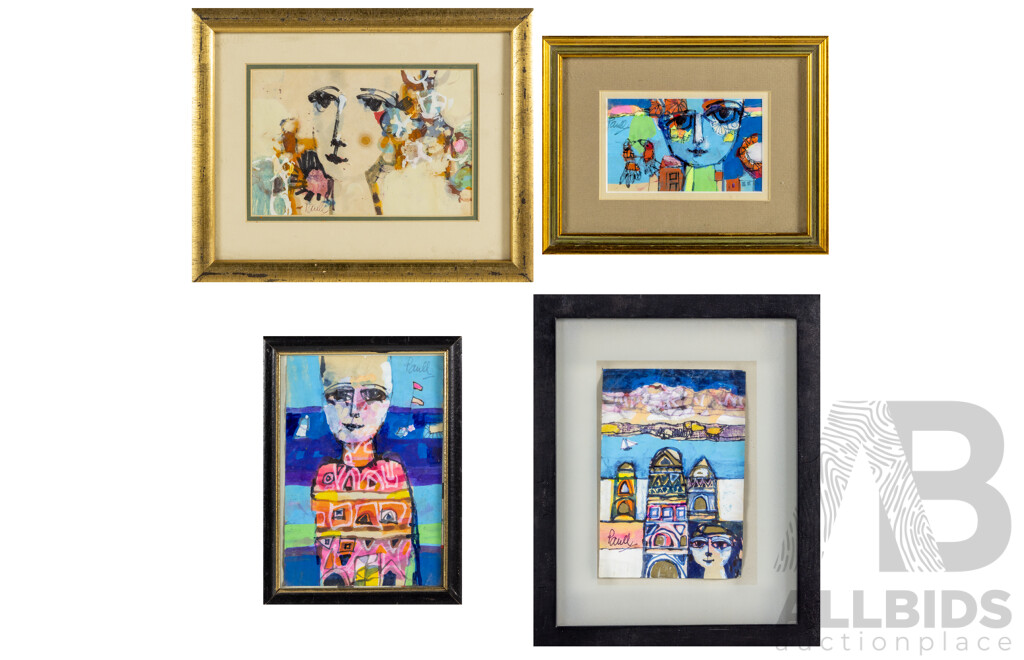 John Paul (20th Century, Working c1960s), Spring, Mellissa, Temples by the Sea & Portrait with Flags, Quartet of Original Vintage Watercolours on Paper, 23 W x 38 H cm (frame largest) (4)