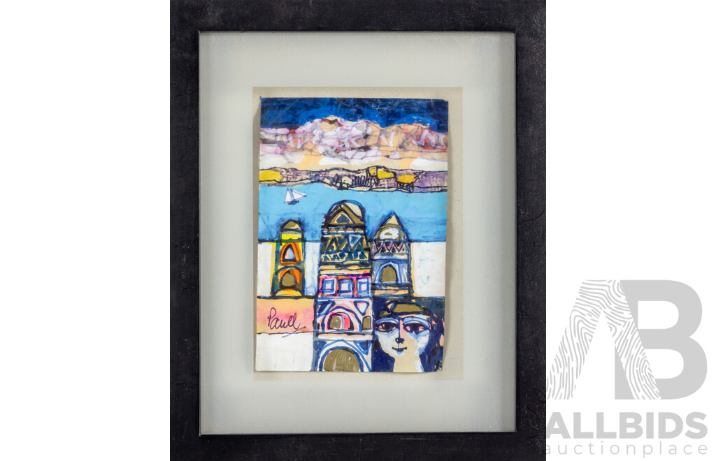 John Paul (20th Century, Working c1960s), Spring, Mellissa, Temples by the Sea & Portrait with Flags, Quartet of Original Vintage Watercolours on Paper, 23 W x 38 H cm (frame largest) (4)