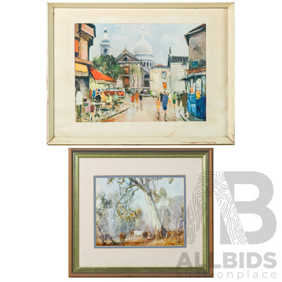 Artists Unknown, Cows Grazing and Street Scene, Pair of Vintage Framed Prints, 32 x 43 cm (larger frame) (2)
