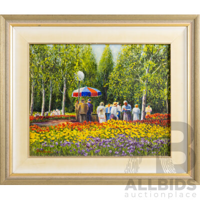 John Gaudron, (20th Century, Australian), Floriade, Canberra (1993), Lovely Original Acrylic on Canvas Board, 60 x 70 cm (frame)