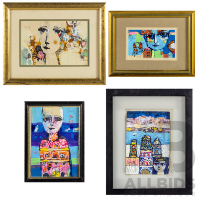 John Paul (20th Century, Working c1960s), Spring, Mellissa, Temples by the Sea & Portrait with Flags, Quartet of Original Vintage Watercolours on Paper, 23 W x 38 H cm (frame largest) (4)