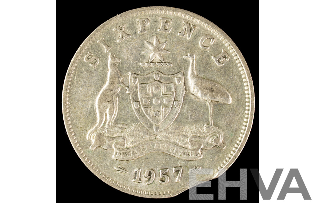 Australian 1957 Silver Sixpence Error Coin, Clipped Planchet .500