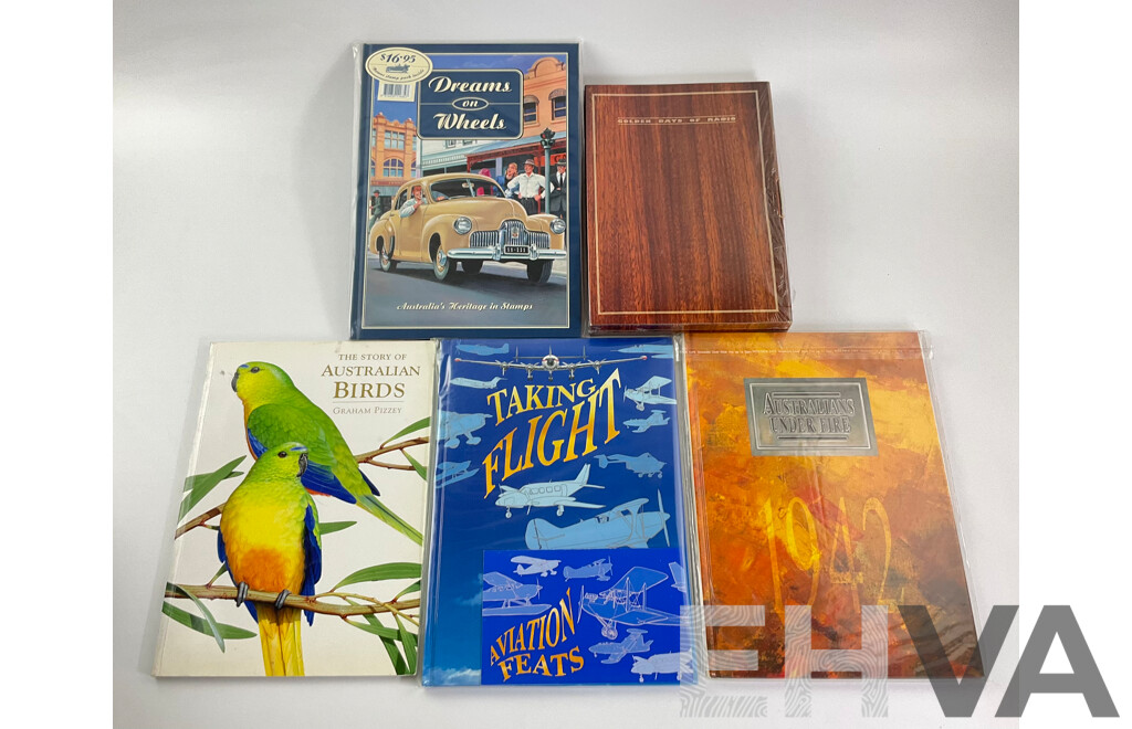 Collection of Australian Post Stamp Books Including Dreams on Wheels, Golden Days of Radio, Australians Under Fire, Taking Flight