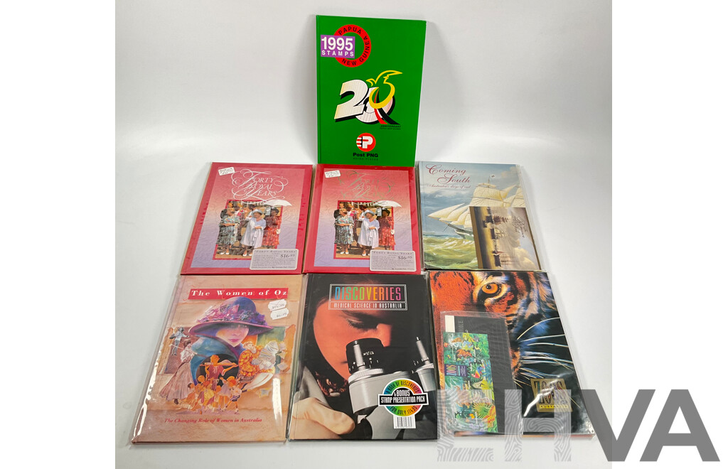 Collection of Australian Post Stamp Books Including Women of Oz, Forty Royal Years, Coming South, Zoos of Australia, Discoveries Medical Science in Australia with Papua New Guinea 1995 Stamp Album