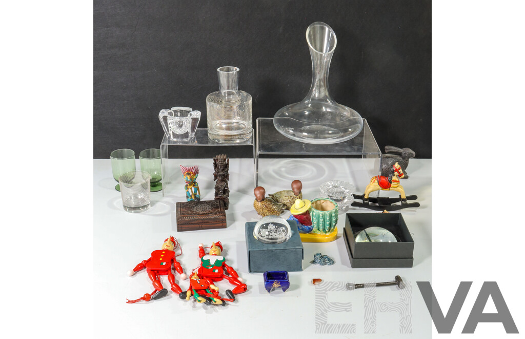 Two Villeroy and Boch Glass Candle Holders, Orrefors Glass Candle Holder, Krosno Wine Decanter, Two Gempo Ducks, Cast Iron Rabbit, Amalfi and ACT Government Paper Weights, Timber Puppets