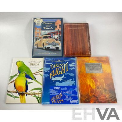 Collection of Australian Post Stamp Books Including Dreams on Wheels, Golden Days of Radio, Australians Under Fire, Taking Flight