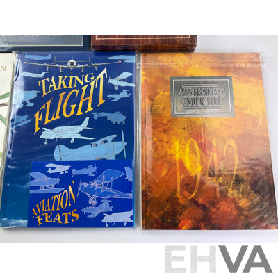 Collection of Australian Post Stamp Books Including Dreams on Wheels, Golden Days of Radio, Australians Under Fire, Taking Flight