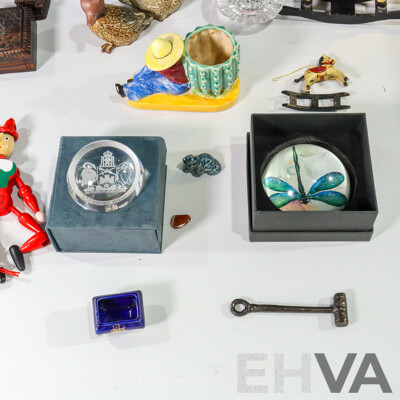 Two Villeroy and Boch Glass Candle Holders, Orrefors Glass Candle Holder, Krosno Wine Decanter, Two Gempo Ducks, Cast Iron Rabbit, Amalfi and ACT Government Paper Weights, Timber Puppets