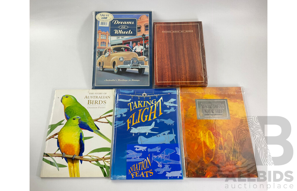 Collection of Australian Post Stamp Books Including Dreams on Wheels, Golden Days of Radio, Australians Under Fire, Taking Flight