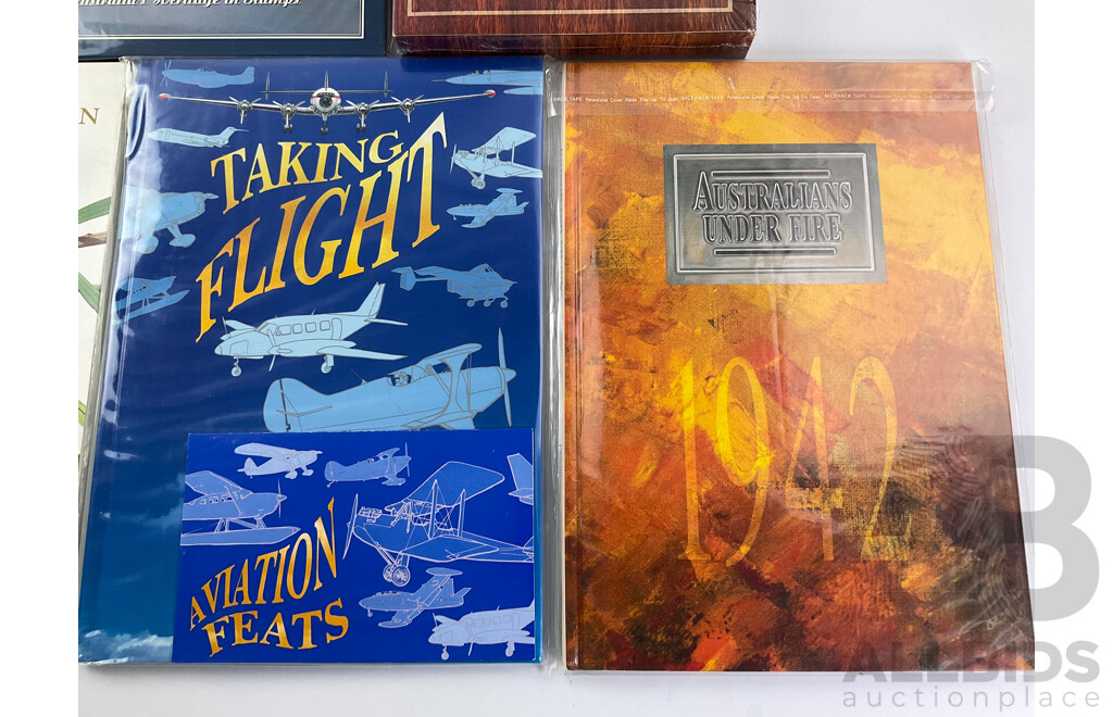 Collection of Australian Post Stamp Books Including Dreams on Wheels, Golden Days of Radio, Australians Under Fire, Taking Flight