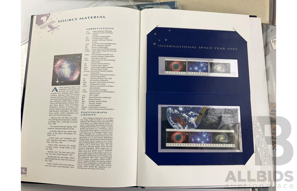 Australian Stamp Presentation Books Including War and Peace, Gaining Ground, Antarctica, White Ensign, Mission to Planet Earth, Trains of Australia, the ANZAC Tradition