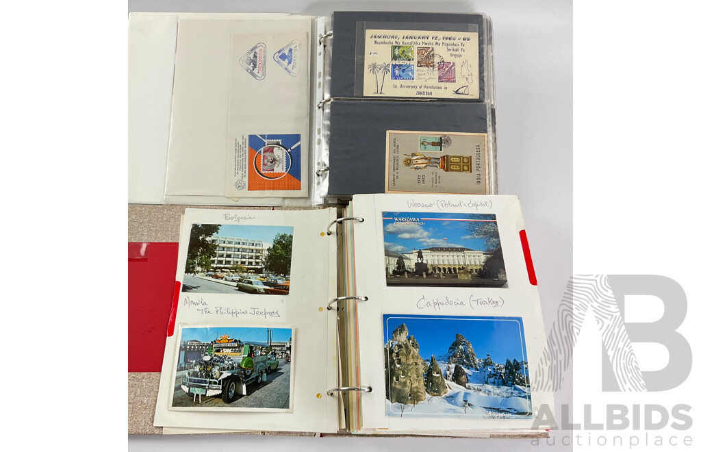 Two Albums of International First Day Covers and Post Cards Including Bahrain, Denmark, Indonesia, Philippines, Budapest, Korea, France, England, Ireland, Germany, Hong Kong