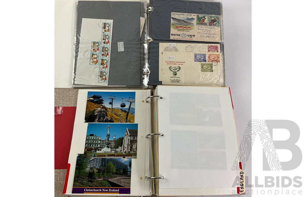 Two Albums of International First Day Covers and Post Cards Including Bahrain, Denmark, Indonesia, Philippines, Budapest, Korea, France, England, Ireland, Germany, Hong Kong