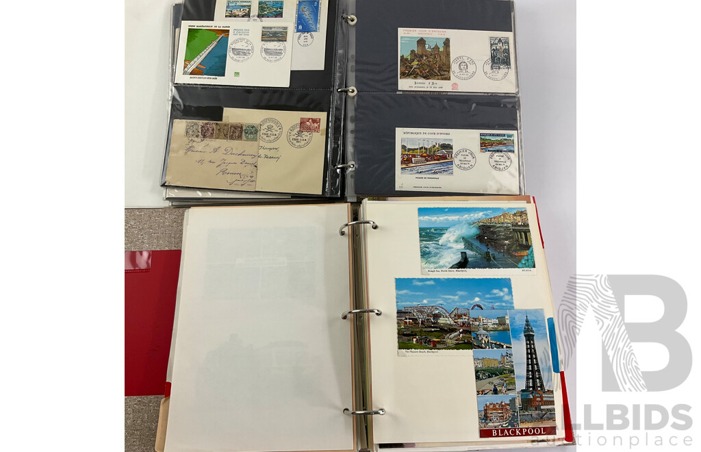 Two Albums of International First Day Covers and Post Cards Including Bahrain, Denmark, Indonesia, Philippines, Budapest, Korea, France, England, Ireland, Germany, Hong Kong